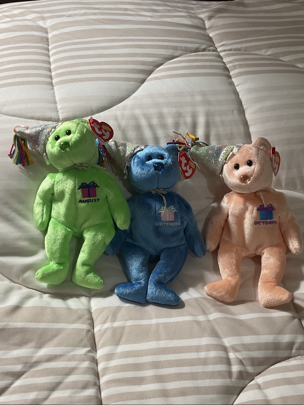 Ty Beanie Babies August Green, September Blue, October Peach Birthday Bears